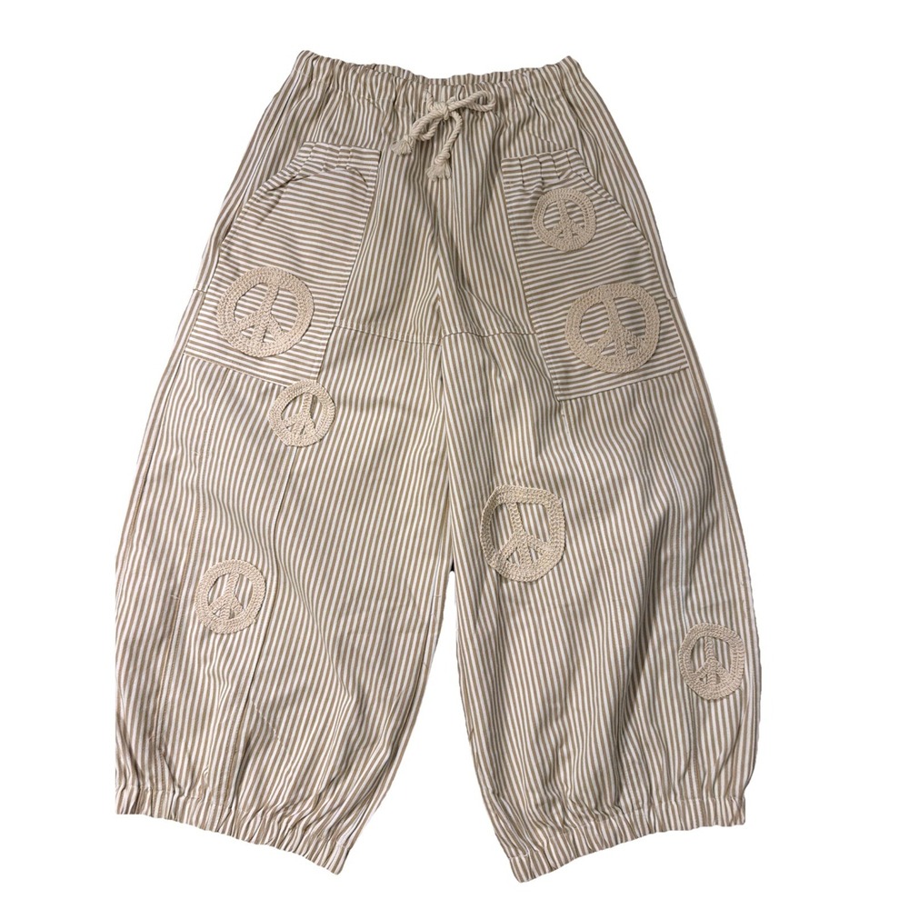 Davi & Dani Cropped barrel pants Beige White Stripes Festival Boho M Oversized